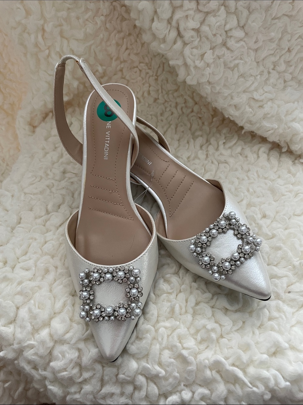 Adrienne Vittadini Silver Pearl-Embellished Slingback Flats